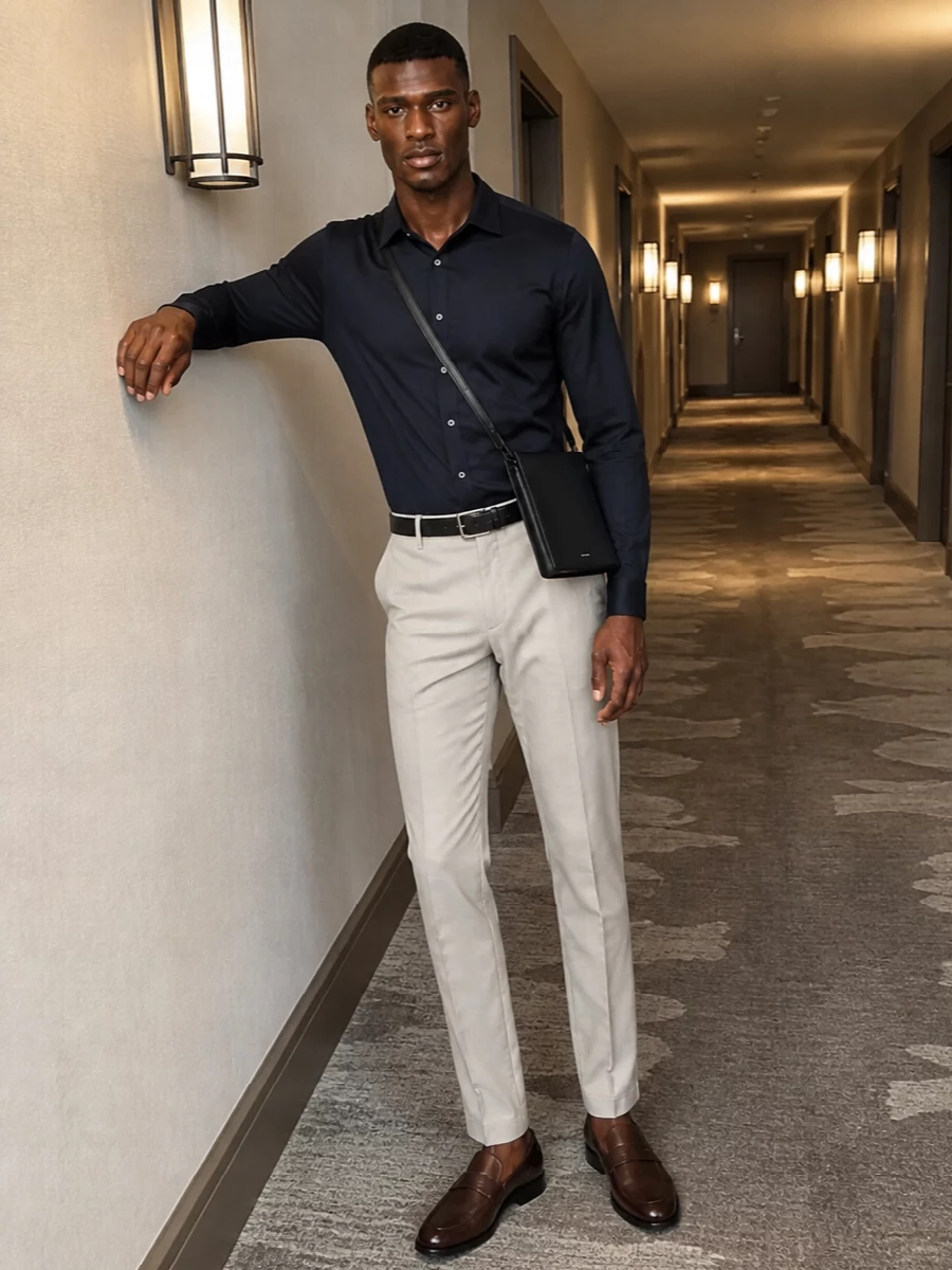 Zanone navy shirt pt torino light stone trousers