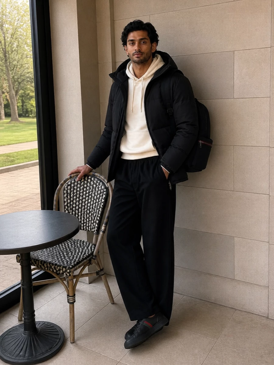 Gucci black puffer cream hoodie wide leg pants