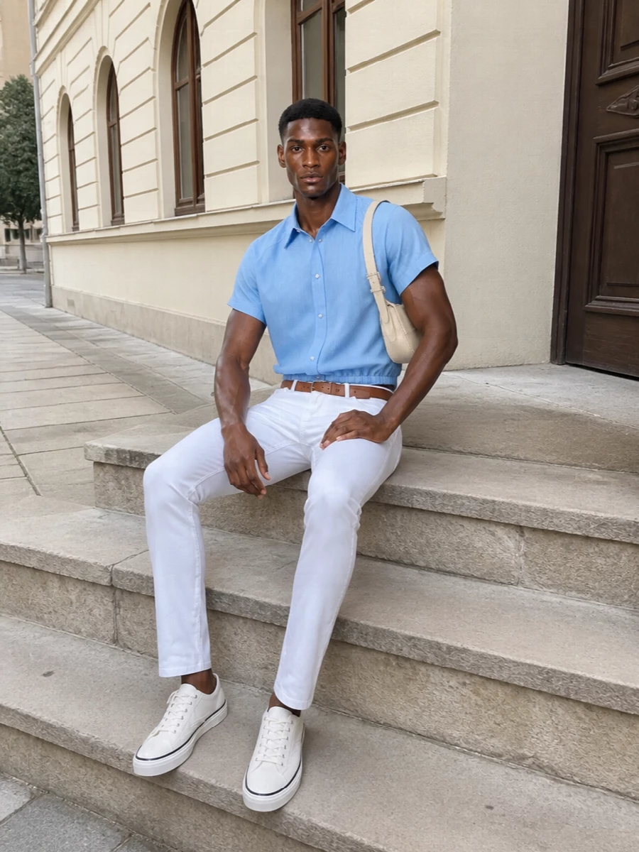 Jacob cohen white jeans blue shirt canvas sneakers