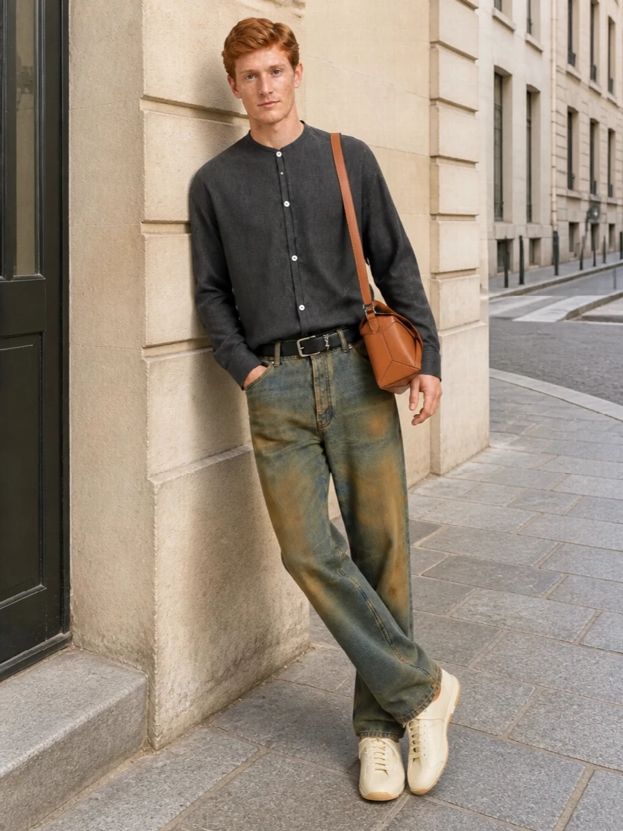 Jacquemus mandarin collar shirt faded jeans outfit