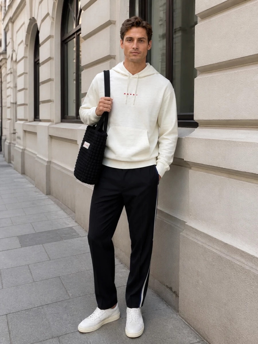 Soft off white sneakers play against a creamy hoodie and sharp black tailored track trousers for a clean, street-led city uniform. The palette stays minimal, letting subtle logos and texture shifts do the work. A structured black tote finishes the story with graphic, low-key attitude that still feels considered for day-to-night wear.