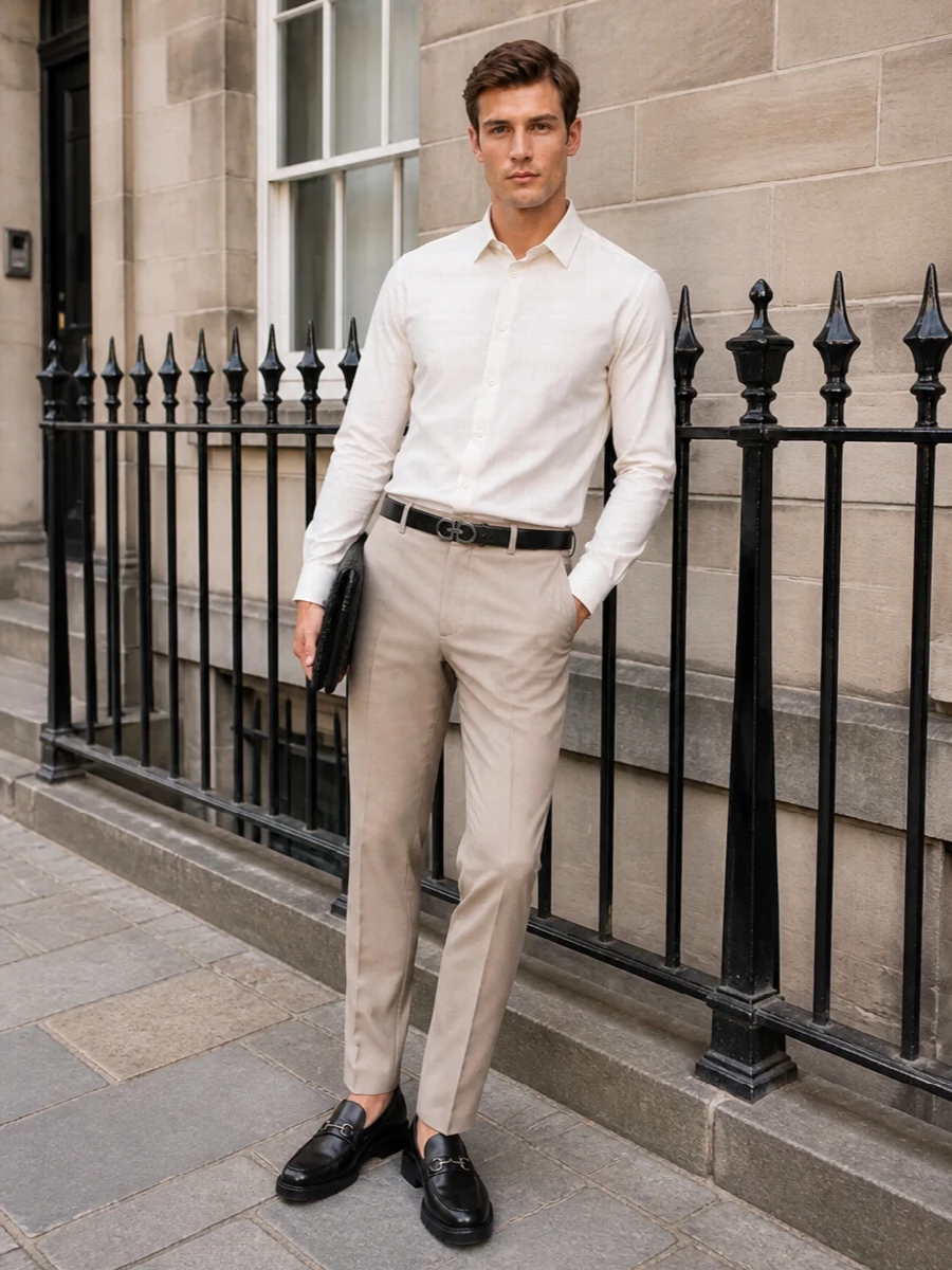Burberry shirt beige armani trousers loafers
