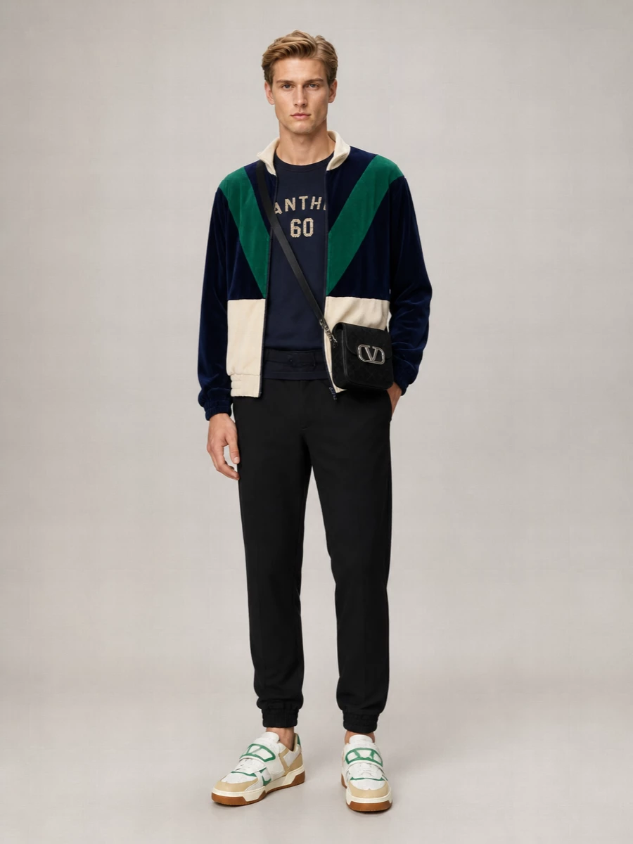 Navy, cream and hits of forest green do the work here, keeping the velour track jacket grounded instead of loud. A varsity tee, tapered joggers and court sneakers sharpen the sport story, with a compact crossbody adding just enough structure for city days or travel. It is relaxed, graphic and quietly expensive without tipping into full tracksuit cosplay.