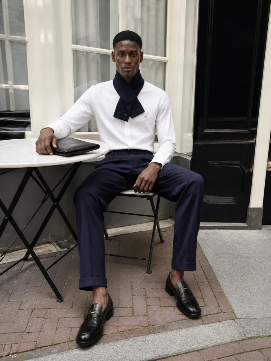 Moschino shirt navy tailored trousers outfit