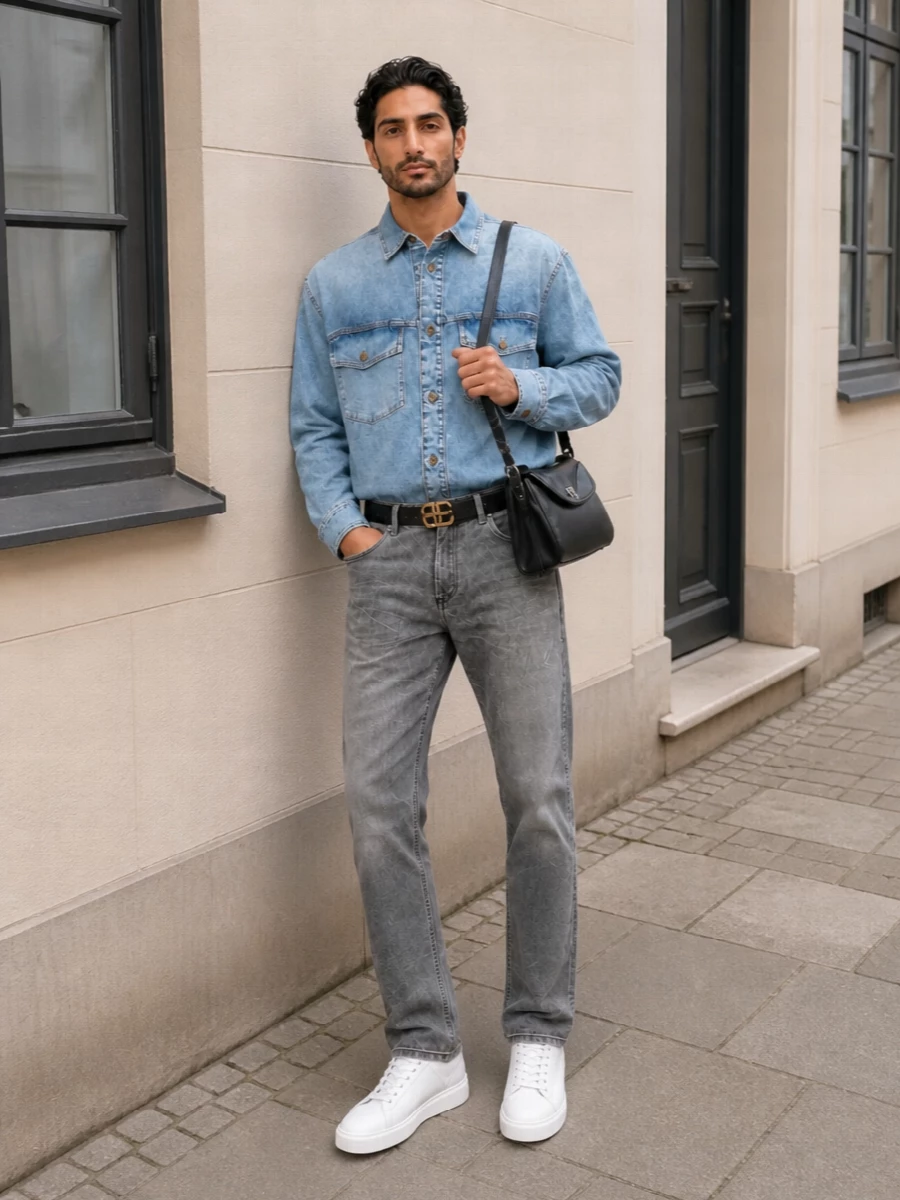 Balmain denim shirt grey jeans white sneakers