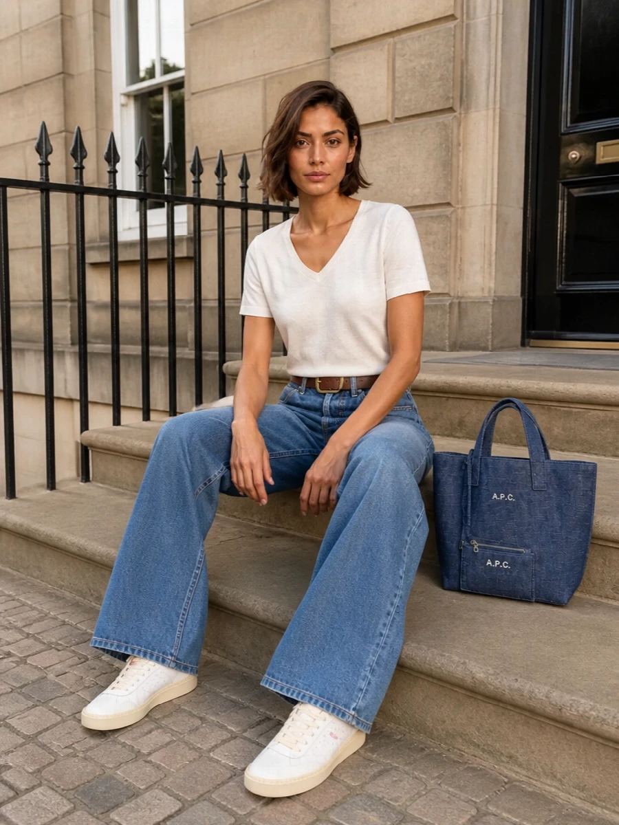 Dondup wide leg jeans ivory tee sneakers