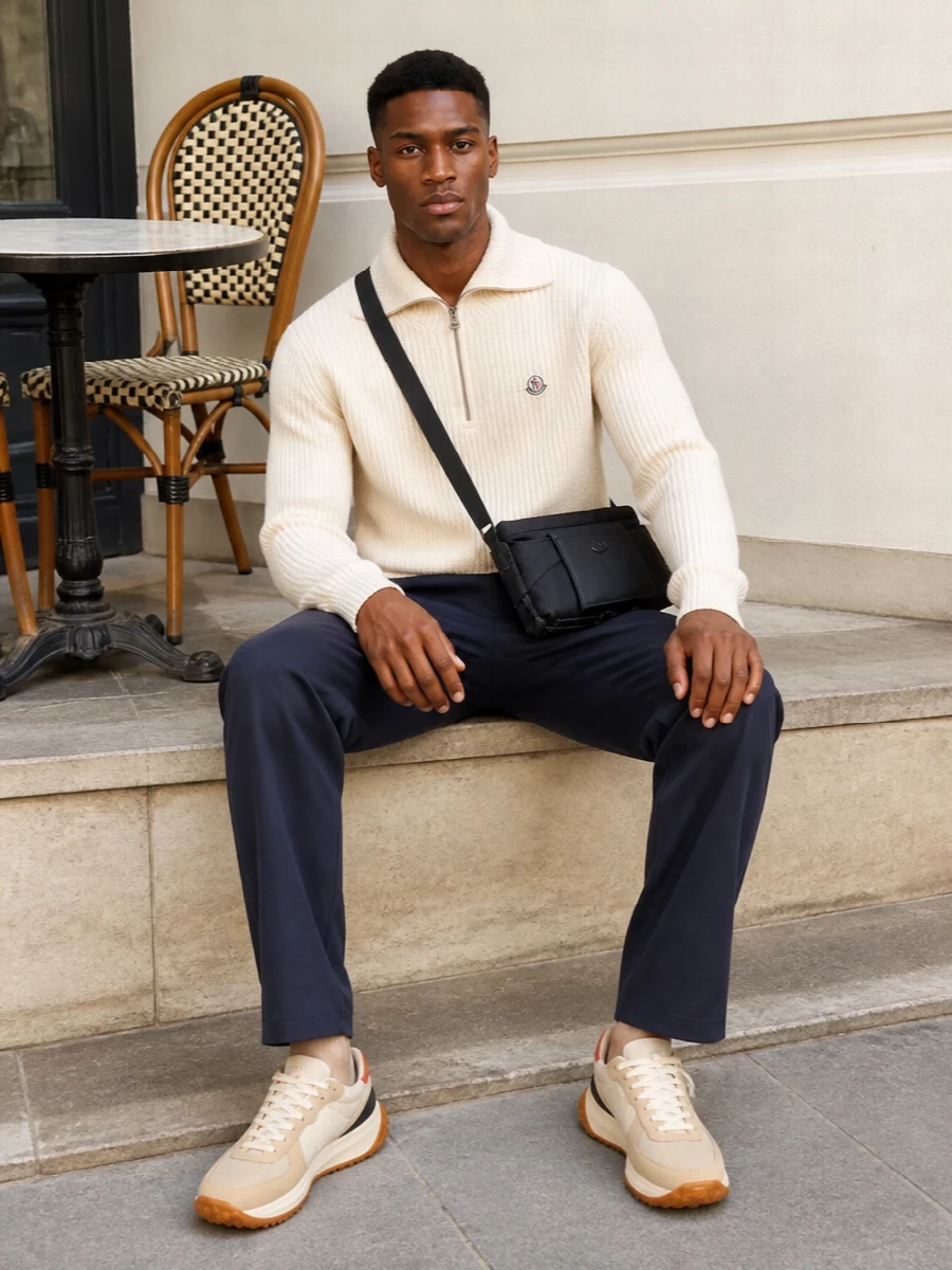 Moncler cream half zip navy trouser sneakers