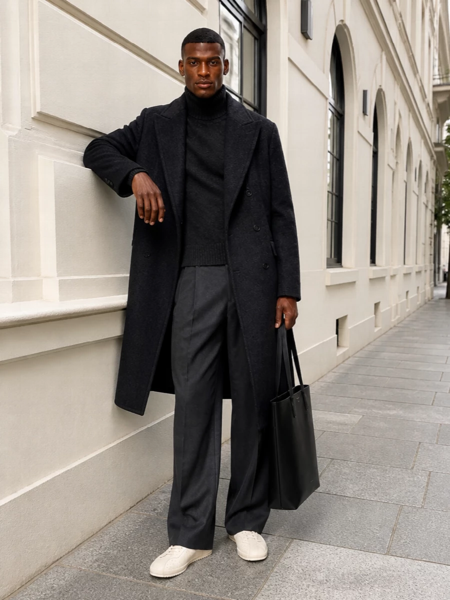 Ami paris charcoal coat wide trousers outfit
