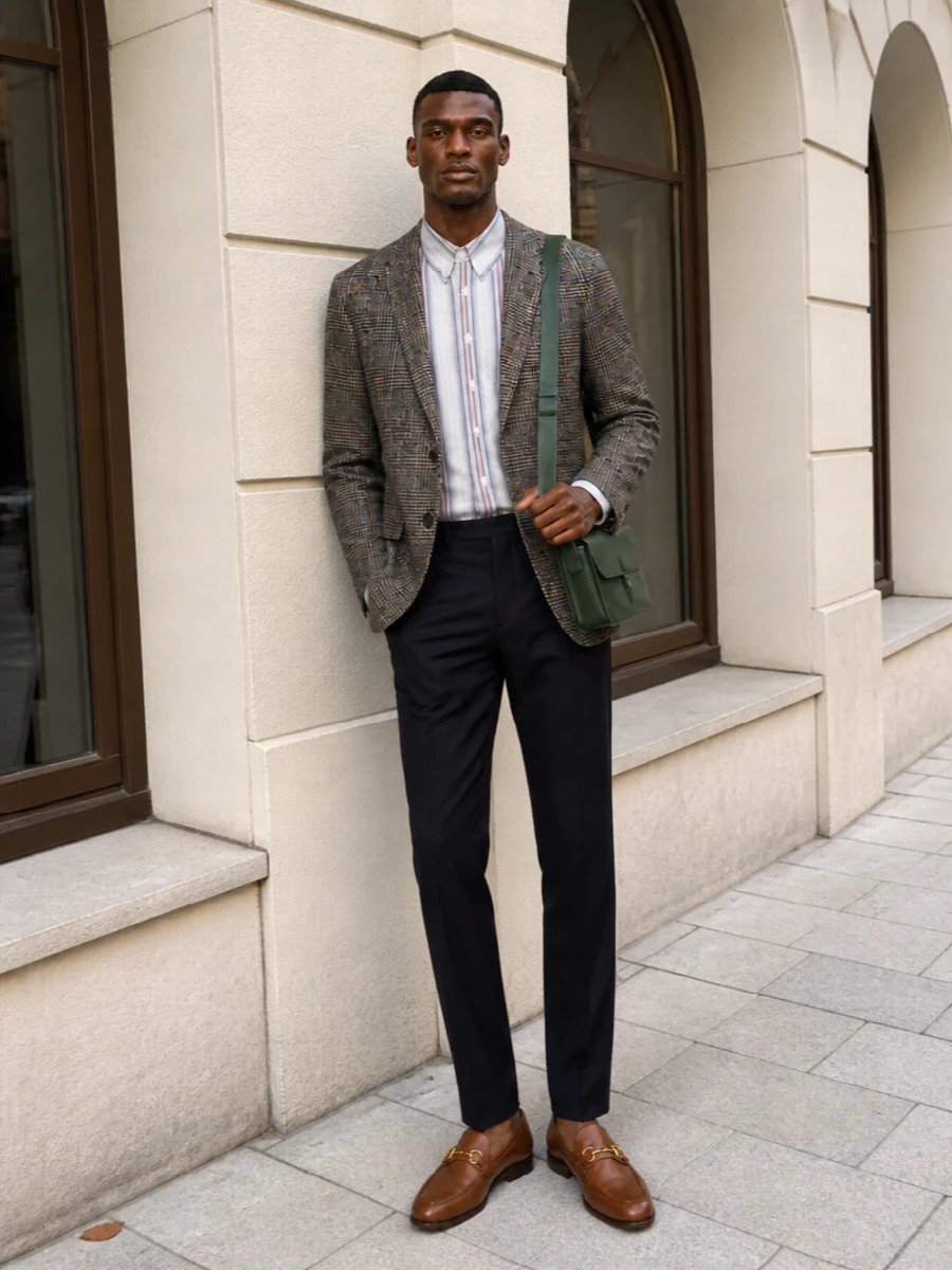 Etro blazer navy trousers gucci loafers