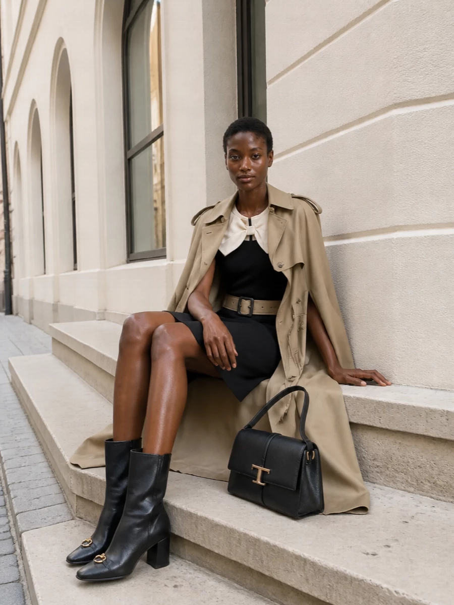 Here the Burberry cape trench frames Valentino’s graphic cape dress for a study in sculpted neutrals and quiet drama. Black Gucci boots and a structured Tod’s shoulder bag keep the line clean and tailored, so the capes read as intentional architecture rather than costume. I chose the dress route over suiting because the double‑cape play feels more directional and evening‑ready while still sitting comfortably within a refined, minimalist universe.