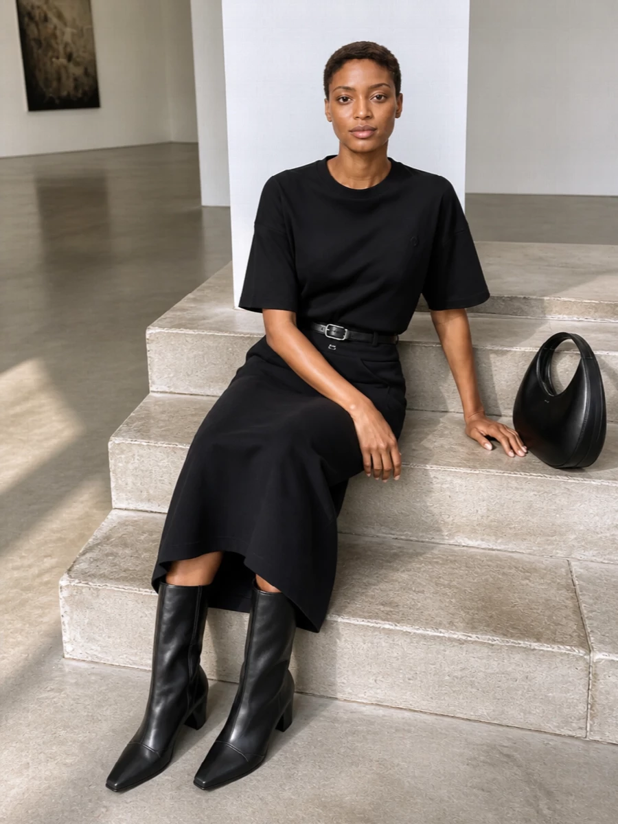 Coperni black tee maxi skirt outfit