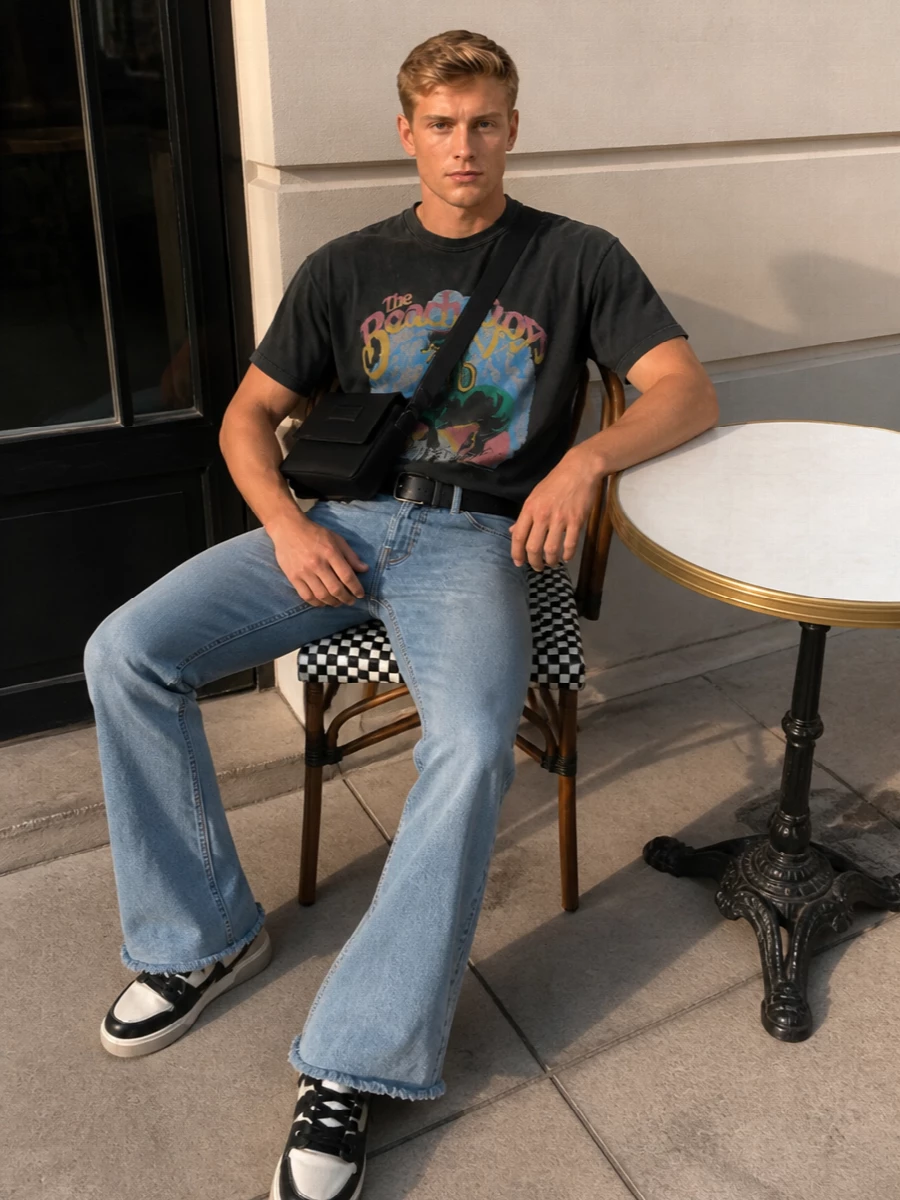 Represent beach boys tee with flared jeans outfit