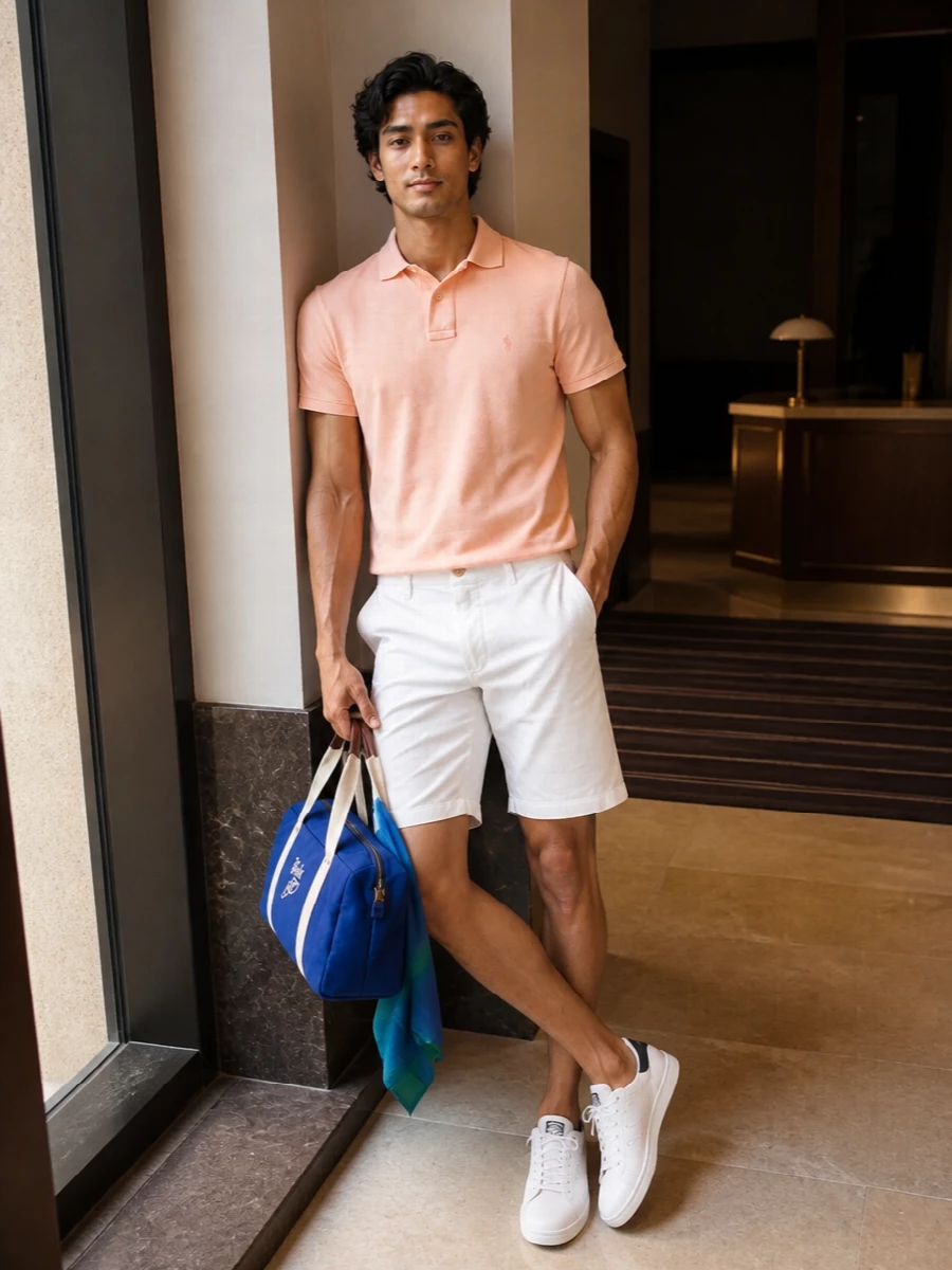 Soft peach Polo on crisp white chino shorts gives an easy East Coast polish that still feels relaxed in warm weather. Clean white and navy court sneakers keep the mood sporty but neat, while the royal-blue duffle and a small hit of color from the scarf add just enough personality for weekends away or coastal days without tipping into loud.