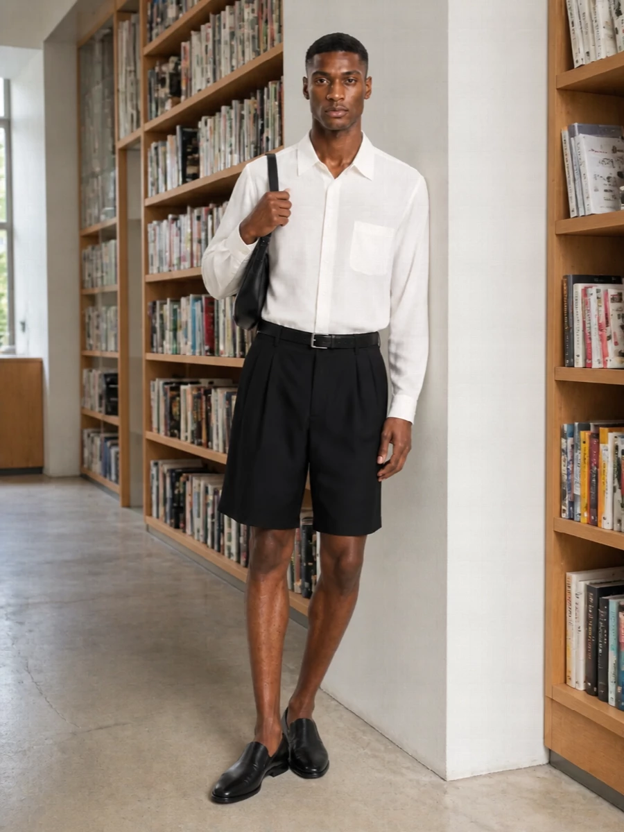 Our legacy black tailored shorts white shirt outfit