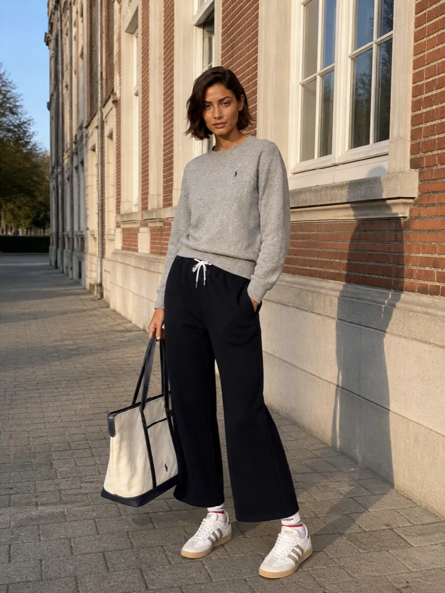 Ink navy wide-leg track pants go collegiate with a soft heather grey Polo sweatshirt and white retro sneakers for an easy, sport-preppy off-duty set. A cream and navy tote leans into that East Coast campus mood, while striped socks quietly tie the palette together. Ideal for travel days, coffee runs or relaxed weekends when you still want the outfit to feel considered.
