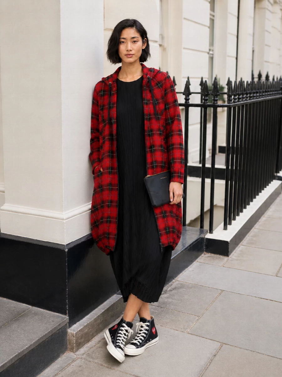 Comme des garcons tartan coat pleats please dress
