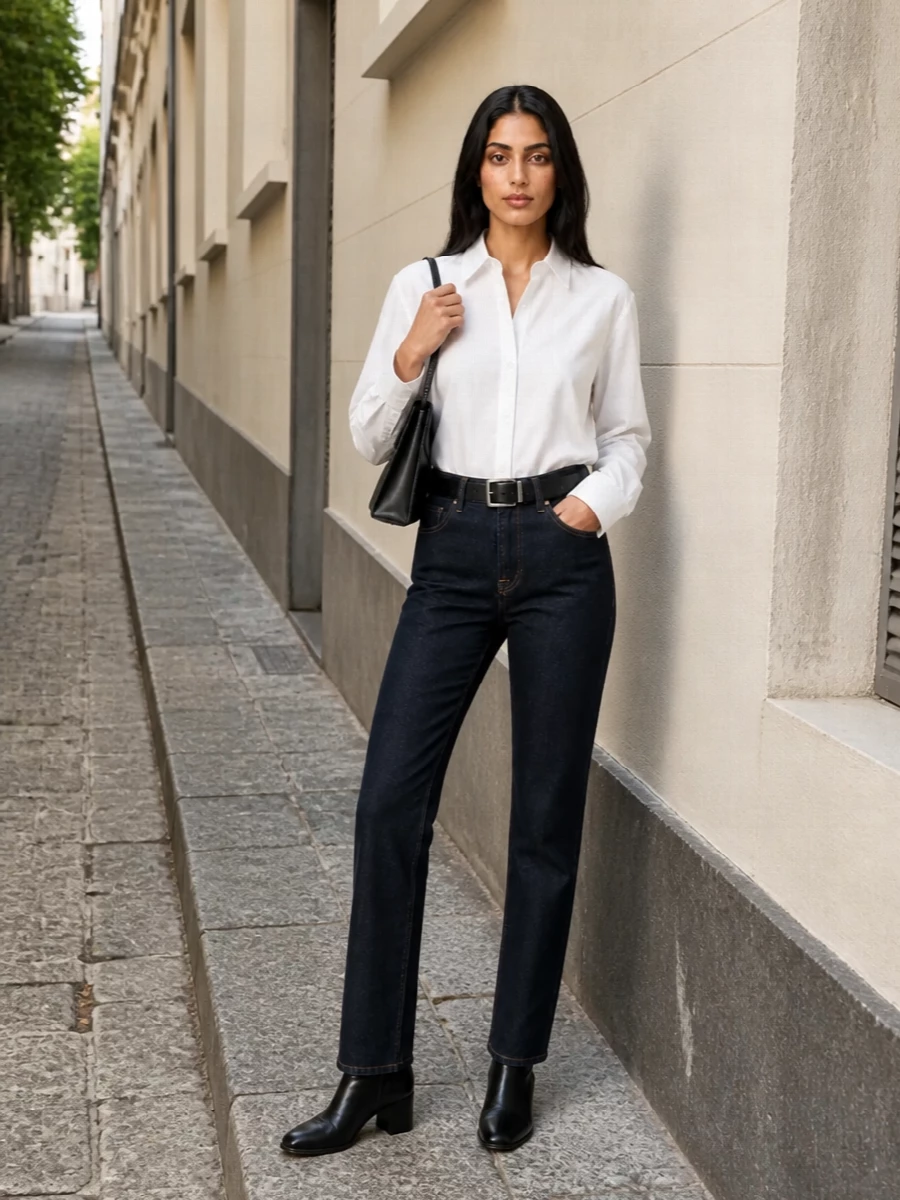 Dark indigo straight jeans are pared back with a fluid white shirt for a clean, minimal base. A black leather belt, ankle boots and structured shoulder bag sharpen the line, keeping the palette tight and quietly refined. The result is an easy uniform for days that move between desk, gallery and dinner without a change of clothes.