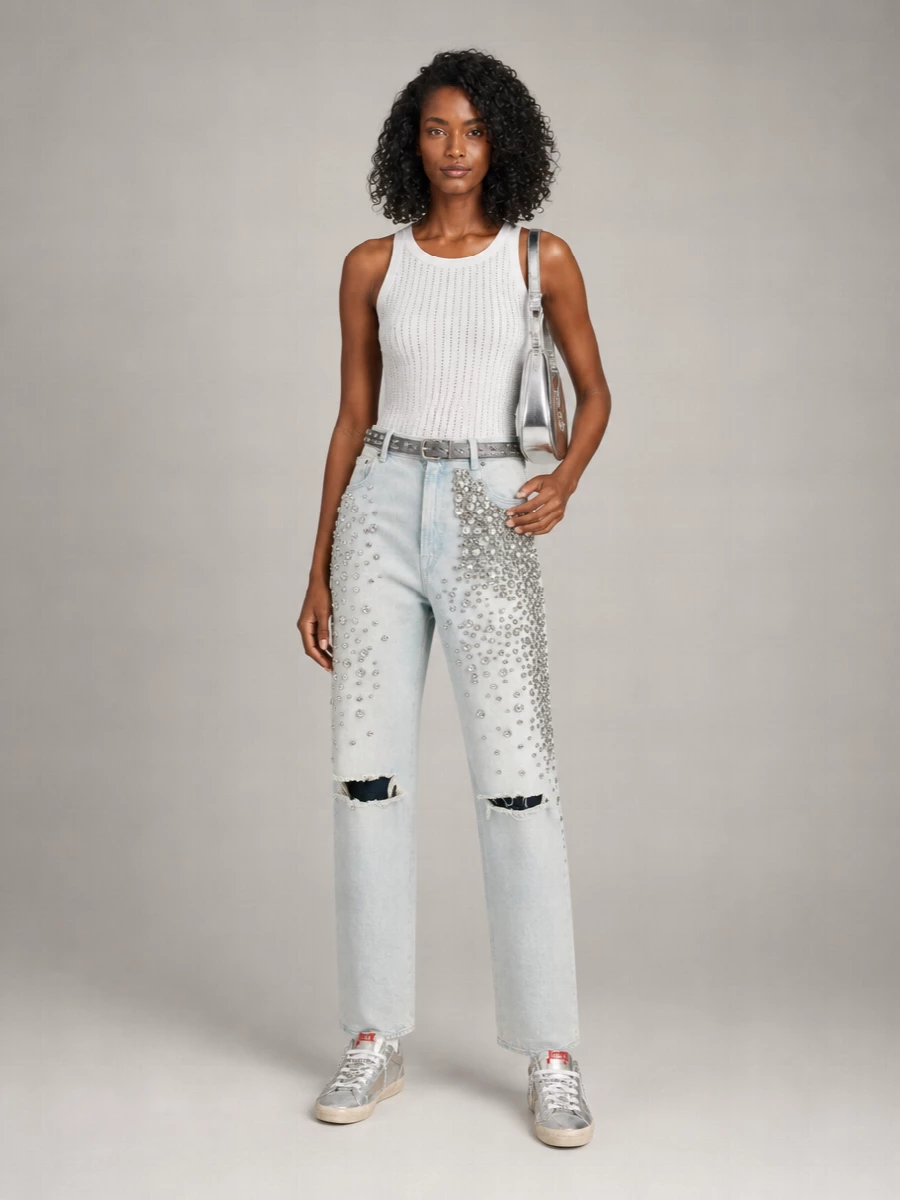 Golden Goose Crystal-Embellished Distressed Straight-Leg Denim Jeans