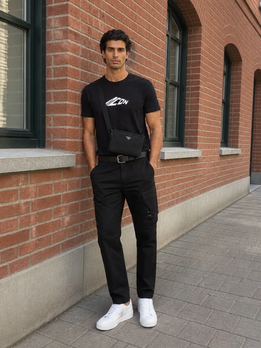 A black and white graphic story built around sharp logos and clean lines. The boxy tee, tapered cargos and low-profile sneakers create a streamlined, athletic silhouette that feels considered but still easy. Prada accessories tie everything together with a precise, technical touch that keeps the streetwear mood polished rather than loud.