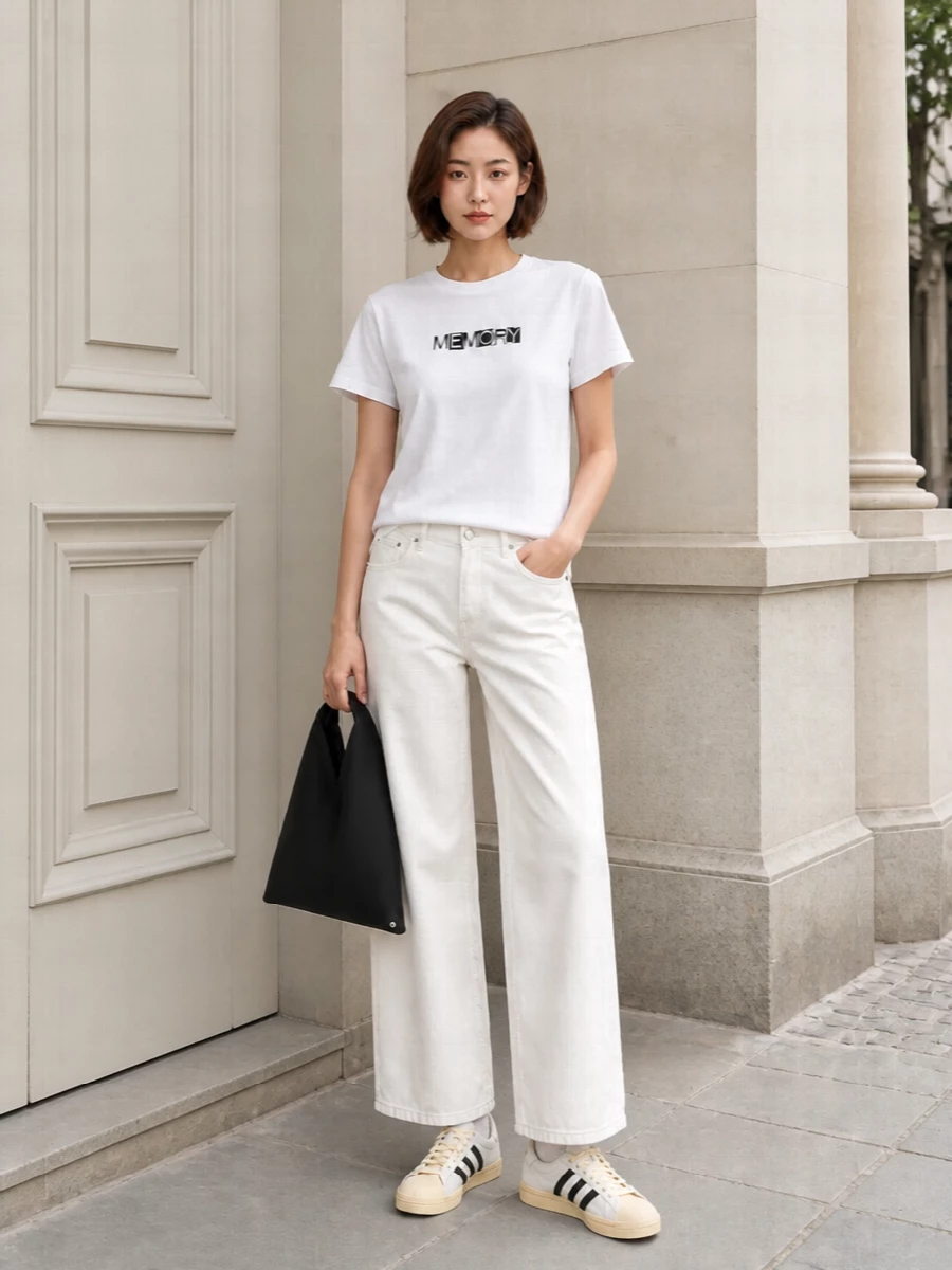 A clean white graphic tee sits over off white wide-leg denim for a crisp, architectural column of neutrals. Black accented retro sneakers and a sculptural triangular tote sharpen the monochrome story, keeping the mood urban and directional without feeling forced.