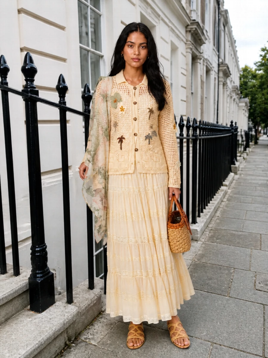Alanui cardigan tiered maxi skirt raffia sandals