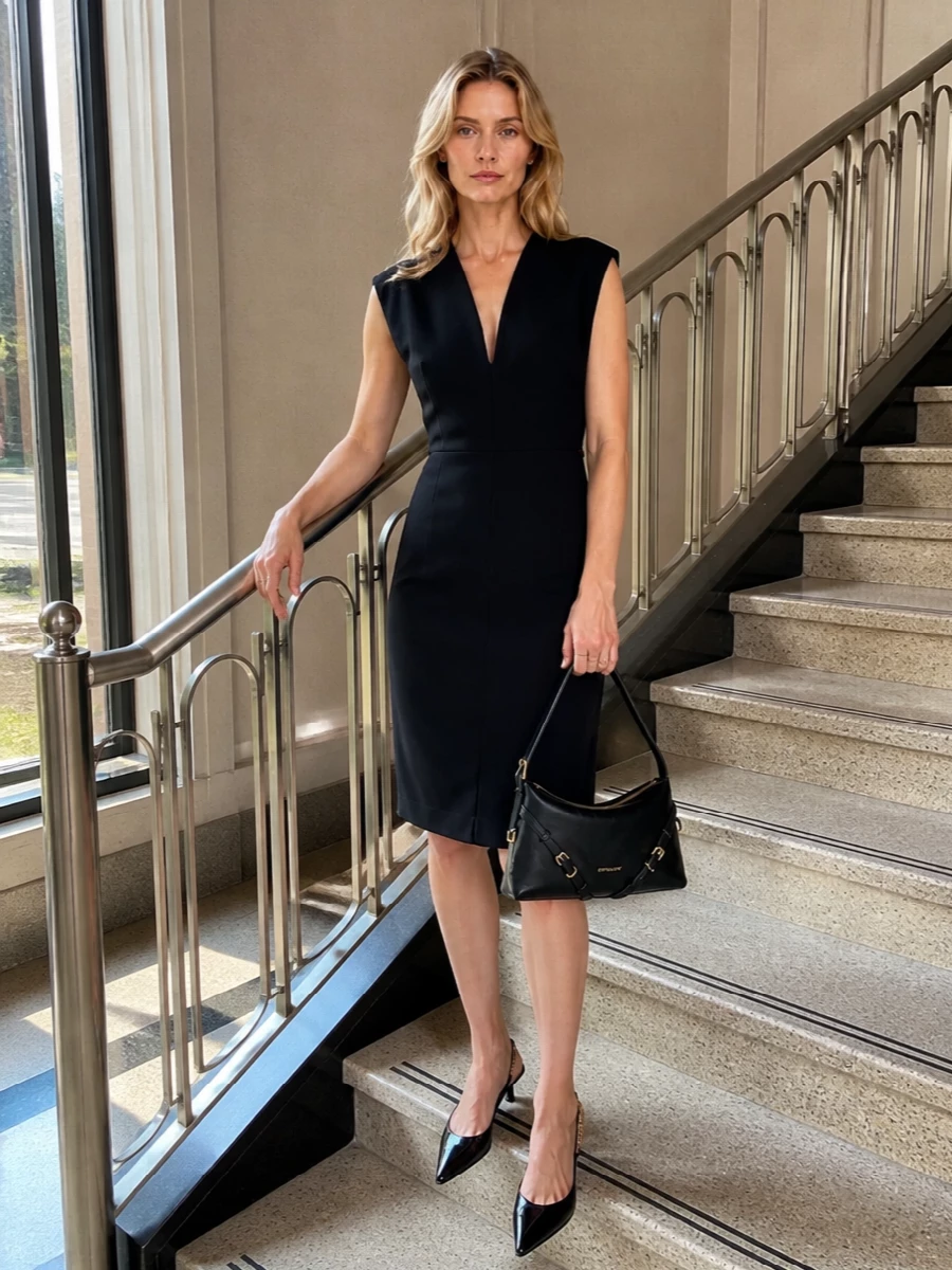 A black Gucci sheath and Givenchy’s curved shoulder bag create a precise, almost architectural evening column in pure black with controlled gold hardware. The patent kitten-heel slingback keeps the line sharp but walkable, so the whole outfit reads polished and quietly confident rather than overtly glamorous. I chose the dress route over tailoring because a single, uninterrupted silhouette best showcases the bag’s minimalist shape and makes the gold details feel intentional rather than busy.