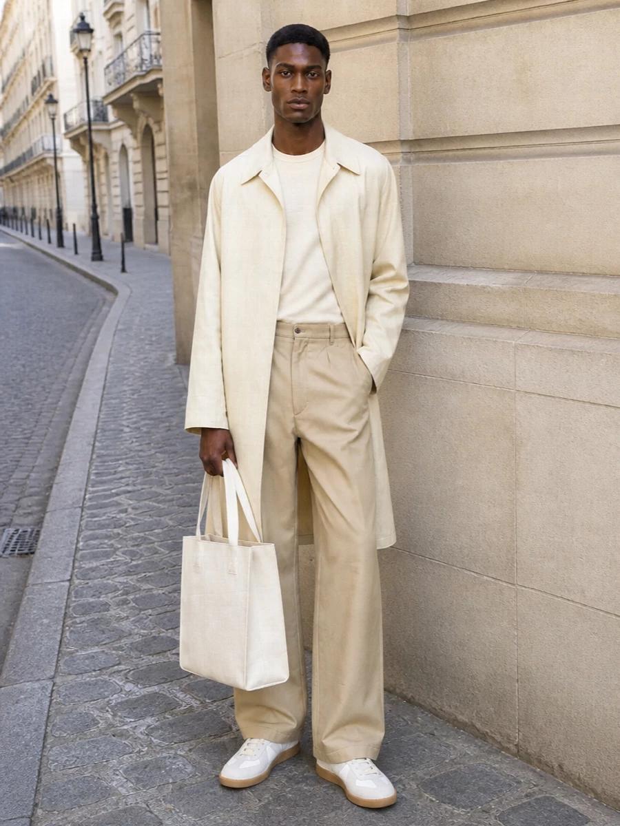 Maison margiela neutral trench wide leg outfit