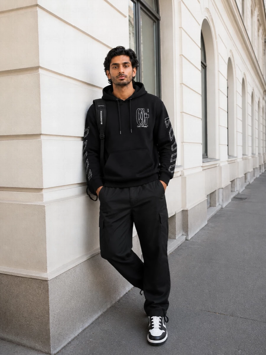 Off white hoodie black cargo trousers sneakers