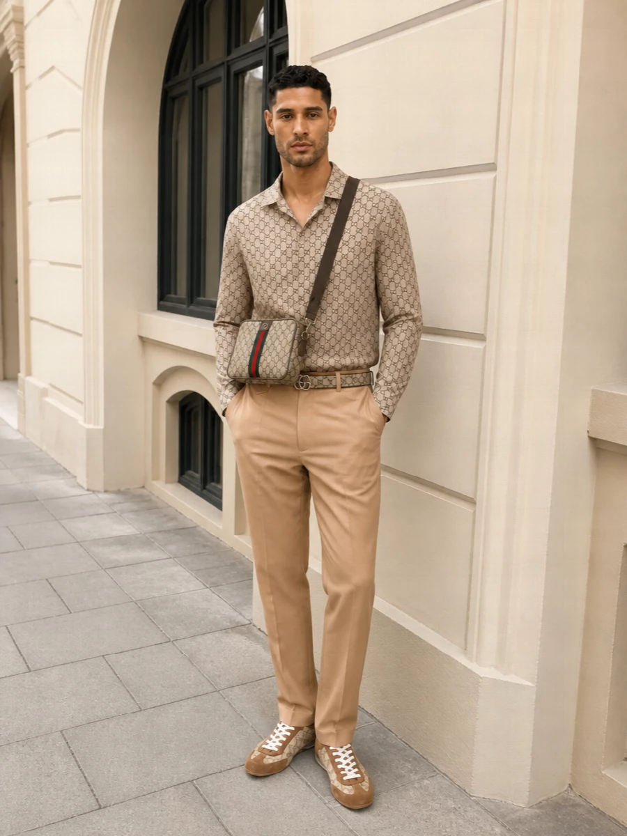 A beige GG shirt sits above clean camel trousers, keeping the monogram focus up top while the bottom half reads sharp and neutral. Warm camel and tan sneakers and a structured GG crossbody carry the palette through with a subtle sport edge. The GG belt is the final link, giving the whole outfit a coherent, Italian street-preppy finish that still feels composed.