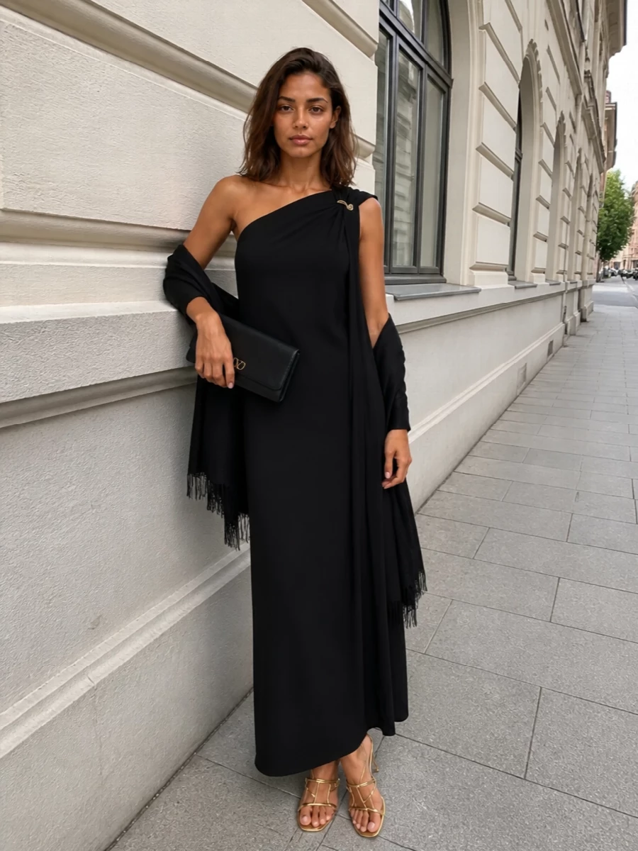 Gaultier black one shoulder gown outfit