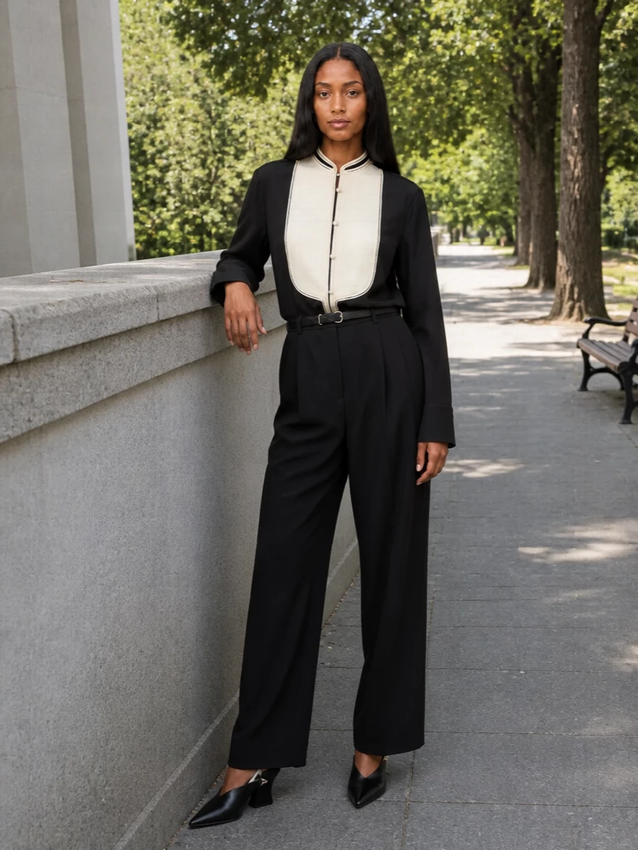Jil sander black bib shirt wide leg trousers
