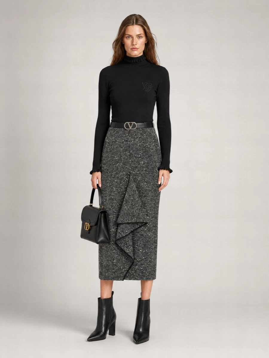Valentino Garavani Wool Chevron Bouclé High-Rise Asymmetric Ruffle Pencil Skirt