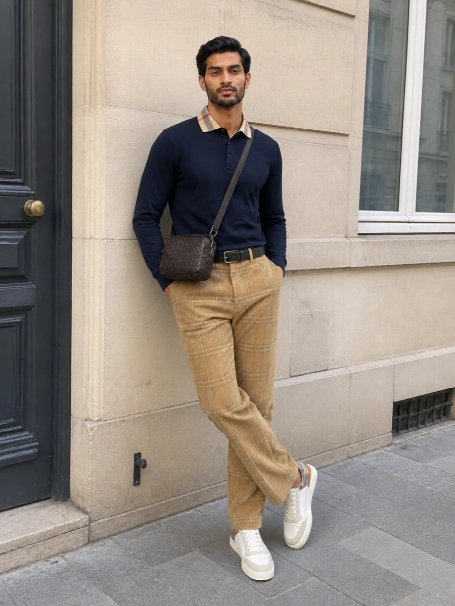 Navy Burberry polo and camel-check corduroy trousers create a refined, heritage-inflected smart-casual base, with the check collar and textured pant delivering just the right amount of pattern and depth. Off-white leather sneakers keep the look modern and relaxed, while the espresso intrecciato crossbody and clean black belt add subtle structure and craftsmanship, reinforcing the quiet-luxury narrative without ever feeling flashy. It’s an easy FW uniform that moves effortlessly from city daytime to informal dinners.