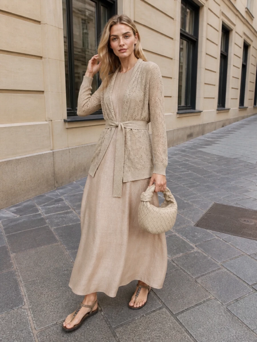 Tonal champagne maxi dress cardigan outfit