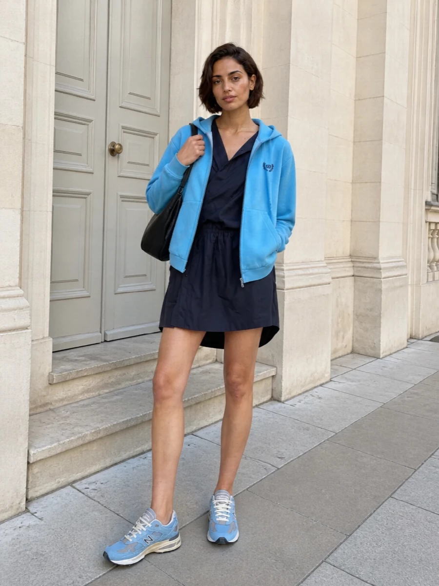 I’m styling the sky blue Balenciaga hoodie over a dress rather than tee and leggings, because the wrap mini gives you that one-and-done, slightly androgynous base that matches the brand’s attitude. The ink navy shirtdress grounds the brightness of the hoodie, while sky blue runners pick up the colour and keep everything firmly in sporty, off-duty territory. A clean black Balenciaga hobo finishes it with just enough structure and quiet logo to feel considered without tipping into fussiness.