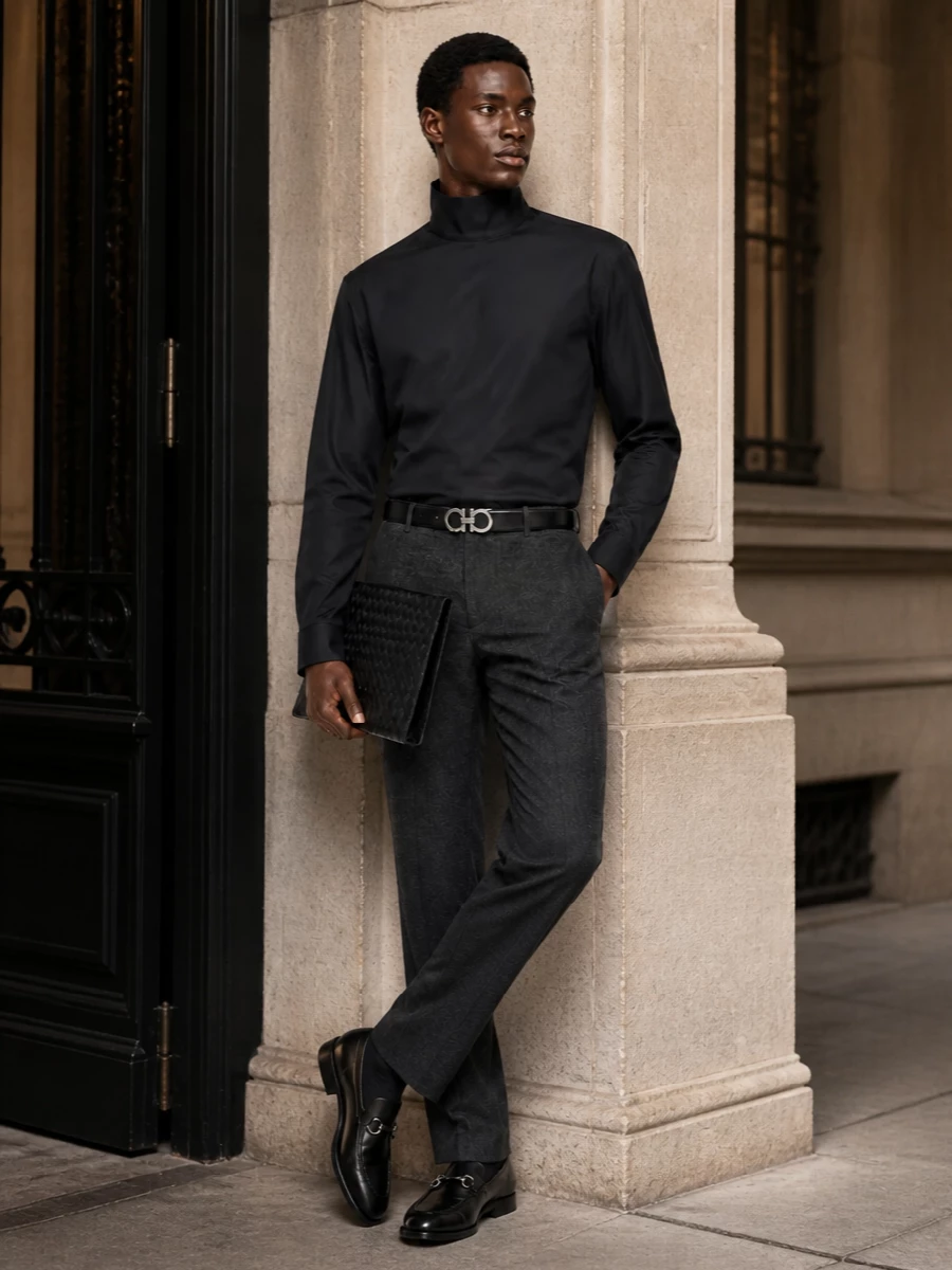 Charcoal herringbone trousers high neck shirt outfit