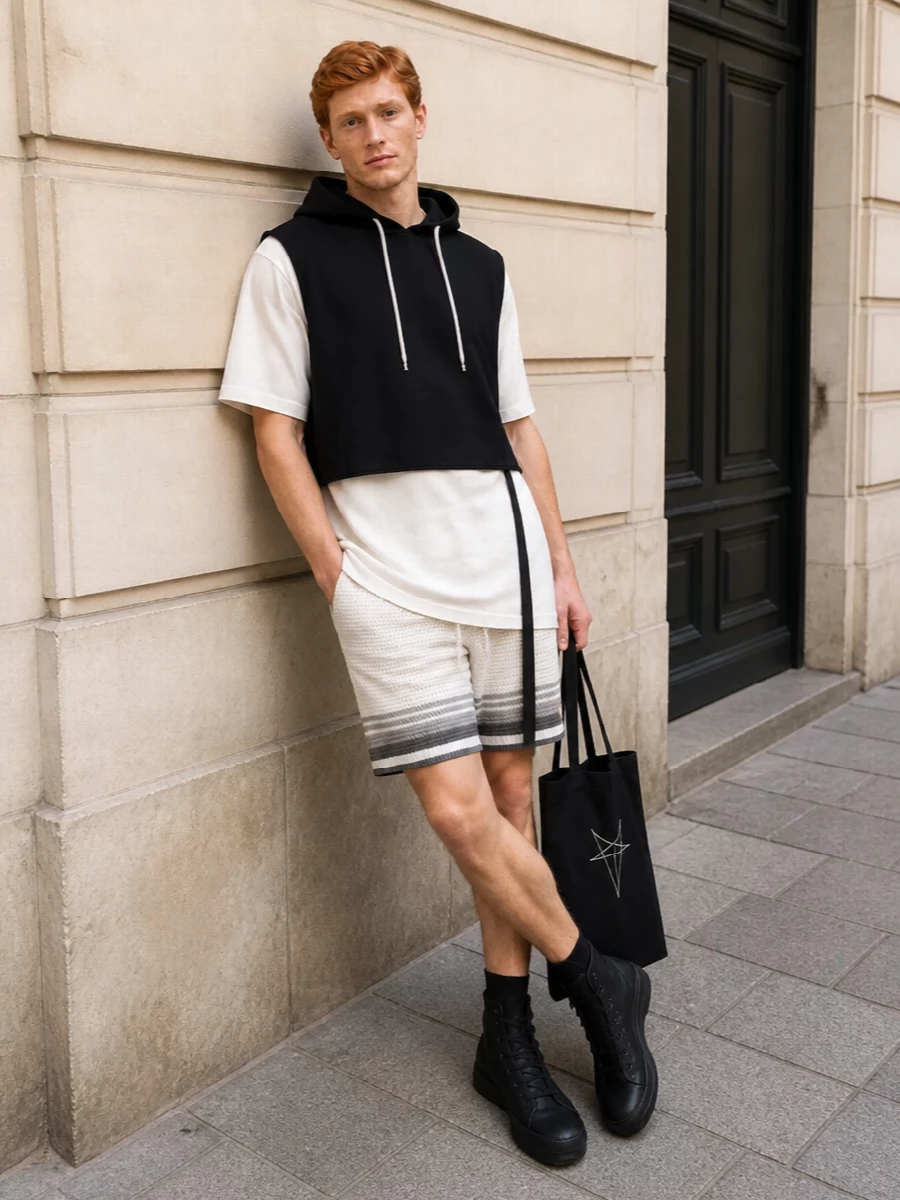 This look leans fully into Rick’s SS uniform: a long off‑white asymmetric tee under the cropped black hooded vest, falling over off‑white textured shorts for a pale, elongated column cut sharply by black hardware and straps. Chunky DRKSHDW high‑tops and the graphic Rick tote anchor the outfit in a dark, post‑industrial street sensibility that feels directional yet effortless for warm‑weather city wear. The result is a coherent, high‑end monochrome story with strong proportions and a clear point of view.