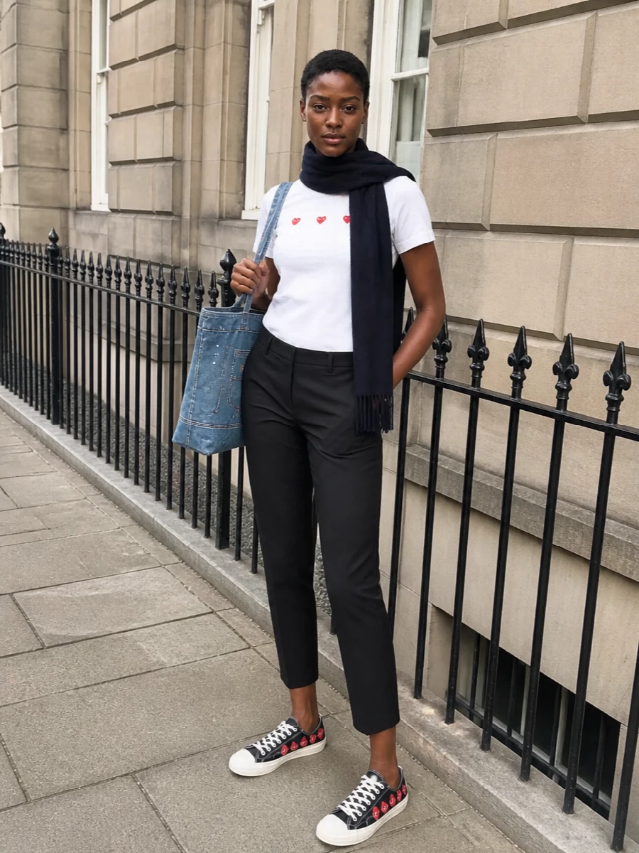 Comme des Garçons Play hearts run from tee to sneakers, so the graphic story feels deliberate rather than logo heavy. A paint-splattered denim tote and navy scarf push it toward easy city streetwear, grounded in neutrals with just the right hit of red.