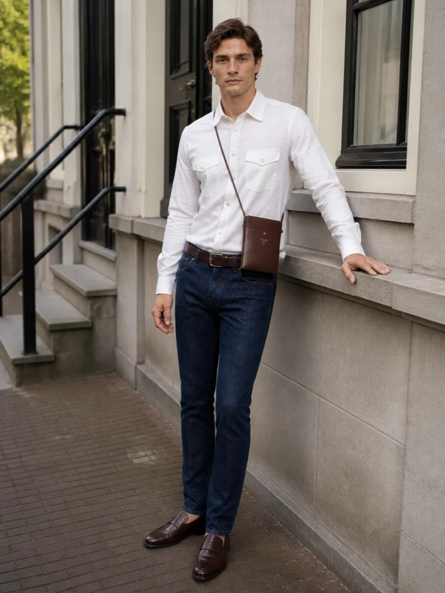 Mid-indigo Jacob Cohen denim with the matching white Western shirt creates a clean, quiet combination that feels considered without trying too hard. Deep brown leather at the waist and on the loafers adds warmth and structure, while the slim Celine crossbody keeps everything practical yet discreet. It is an easy smart-casual uniform for days when you want polish and ease in equal measure.