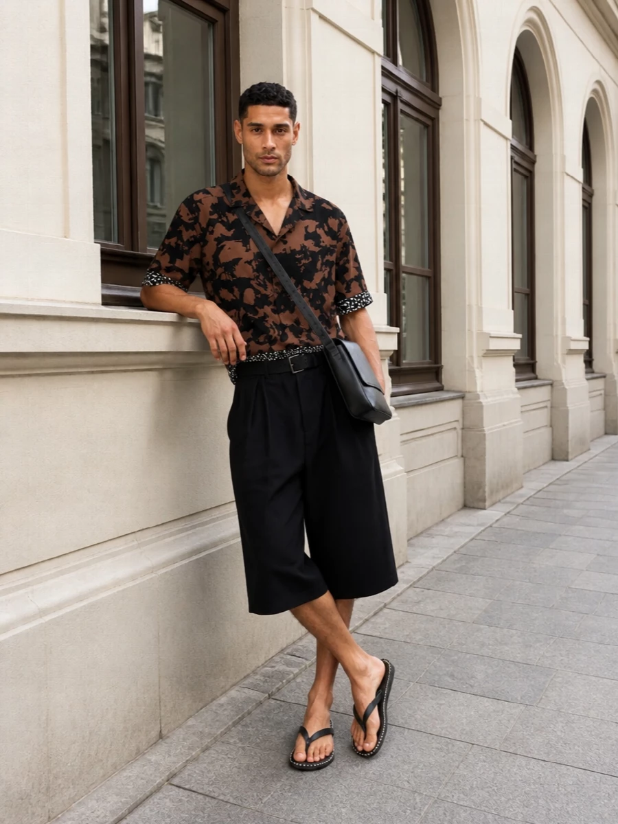 Dries van noten camp shirt black cropped shorts