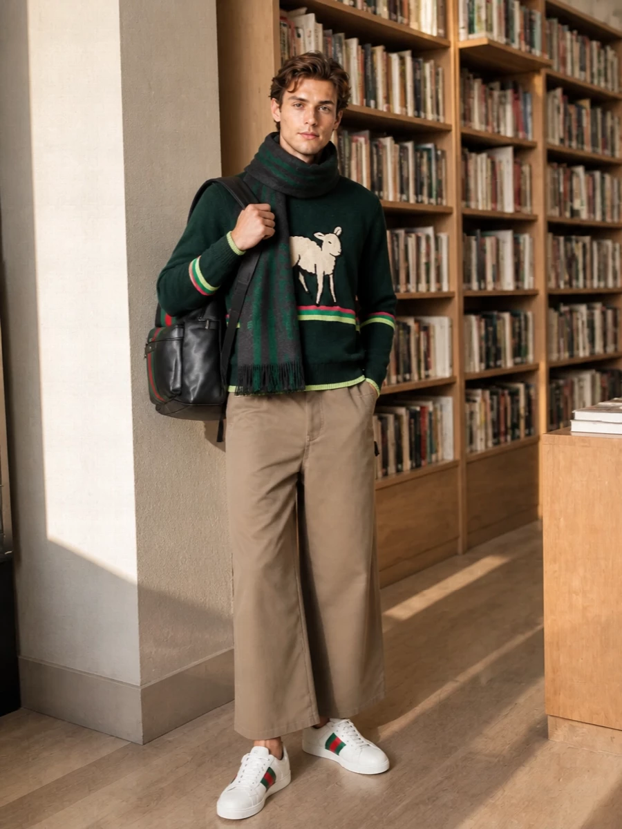 Jw anderson lamb sweater wide trousers gucci sneakers