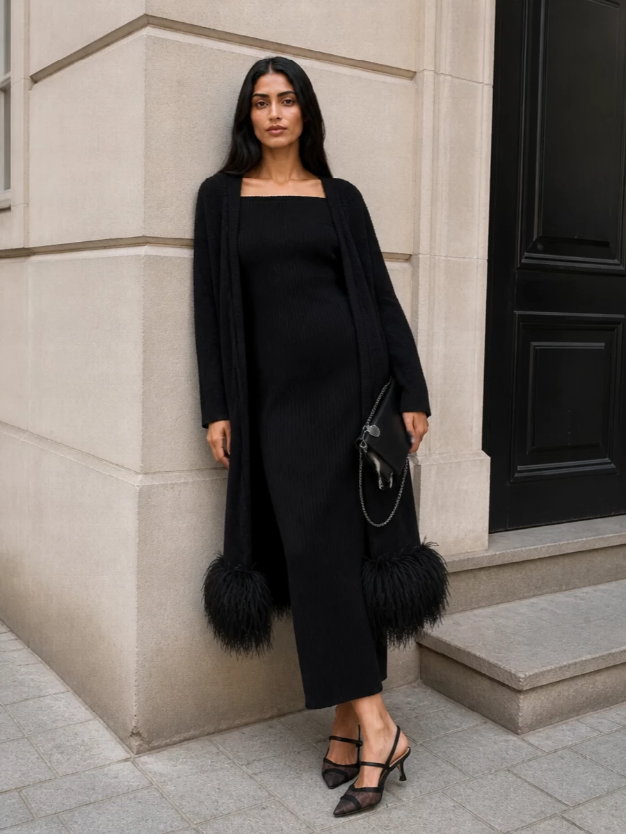 Max mara feather cardi coat black ribbed maxi dress