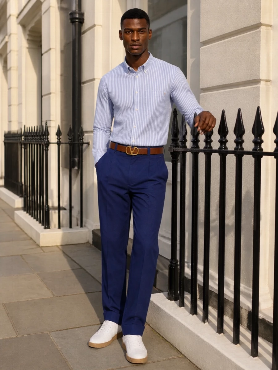 Valentino striped shirt navy pleated trousers sneakers