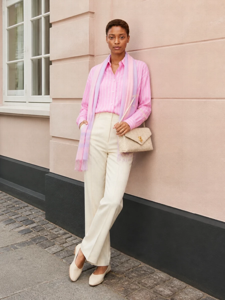 Bottega pink striped shirt ivory wide leg pants