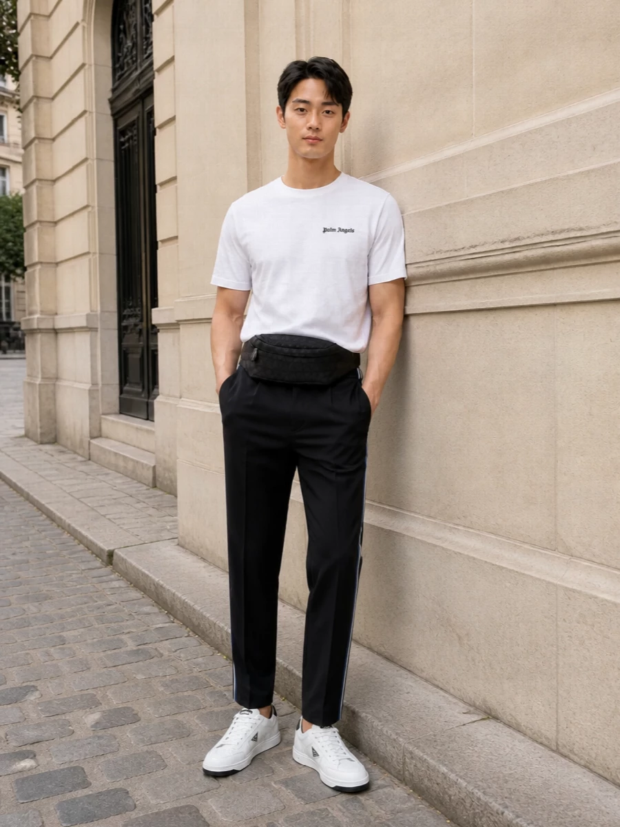 White Prada court sneakers, a crisp Palm Angels tee and Marni’s striped tailored trousers create a sharp monochrome base that lands squarely between gallery-ready and off-duty. The clean lines keep everything controlled, while the track detail and discreet logo hits give the outfit a modern streetwear attitude. A black Valentino belt bag finishes it with just enough city practicality and edge without disturbing the minimalist palette.
