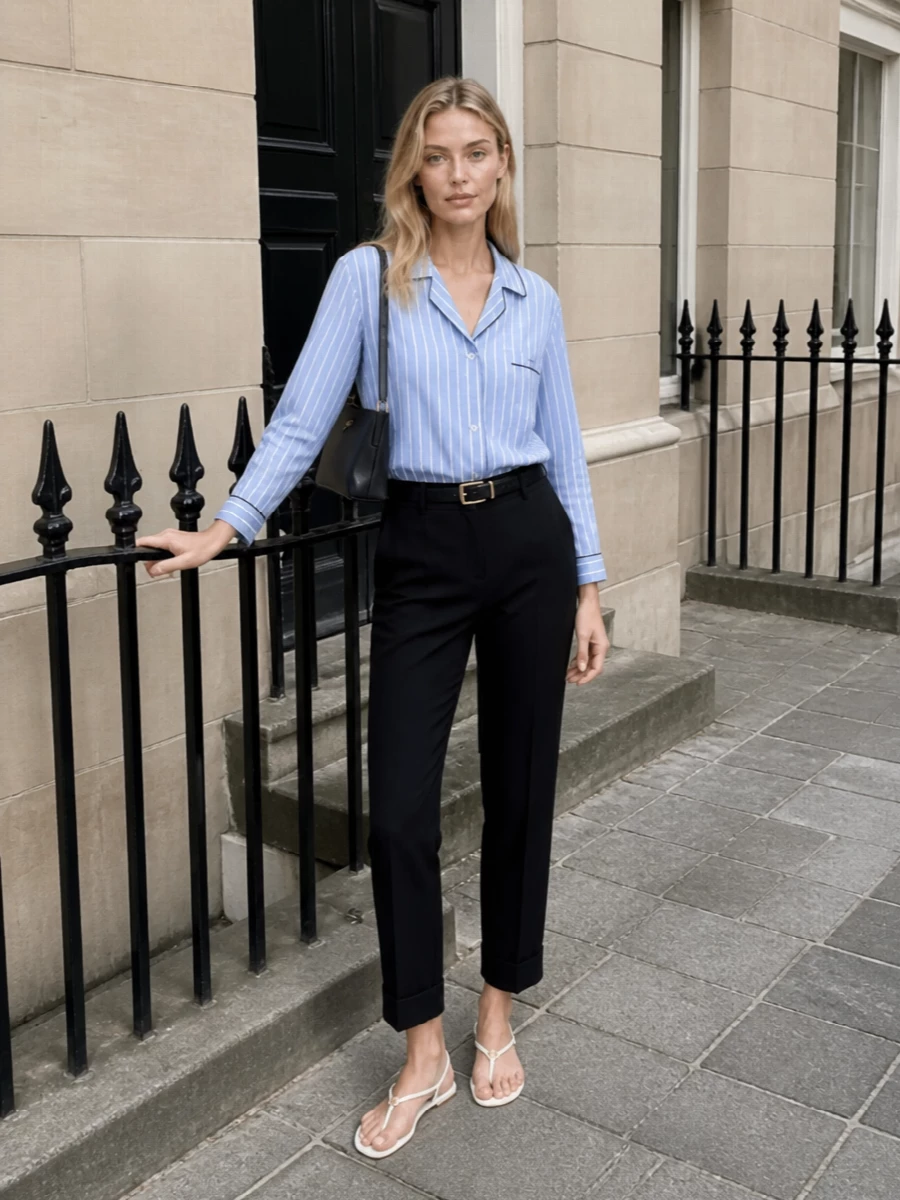The striped Prada pajama shirt is grounded with sharp black high-rise trousers, shifting the mood from loungewear to clean city tailoring. A slim white sandal and navy shoulder bag keep the palette soft but intentional, while a black belt crisps the waist for a subtly preppy, quietly luxurious finish. It is an easy way to wear sleepwear codes with real-world polish.