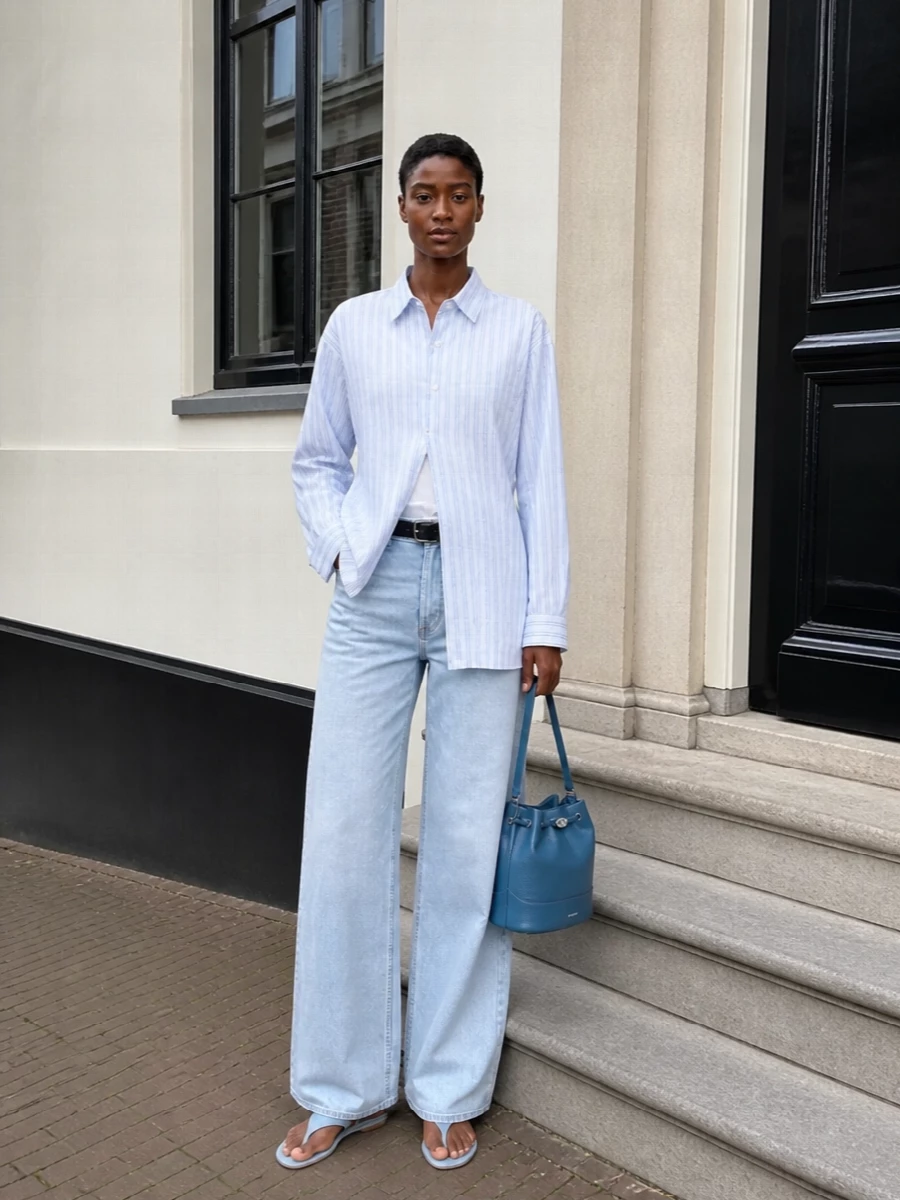 Soft ice-blue denim meets an oversized striped shirt for a relaxed, column silhouette that feels clean but not precious. Pale blue leather sandals and a structured steel-blue bucket bag keep the palette tonal while adding quiet polish. A slim black belt lightly anchors the volume so the wide leg reads intentional rather than sloppy.