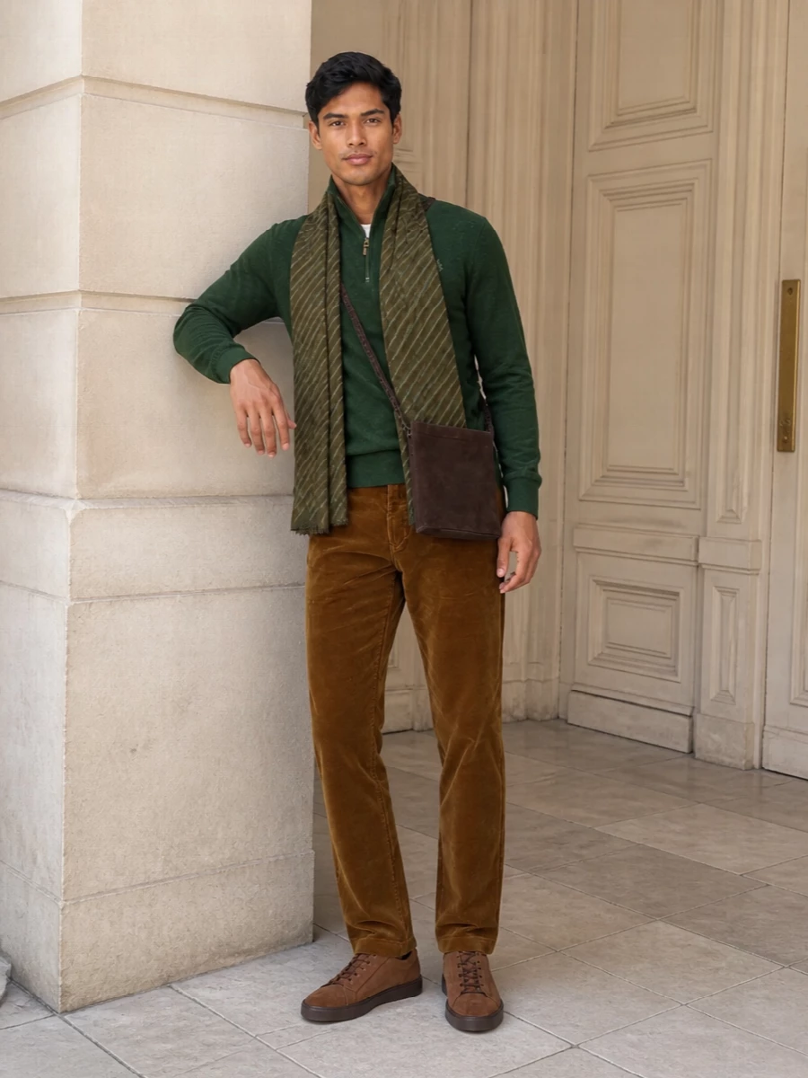 Polo half zip with corduroy trousers