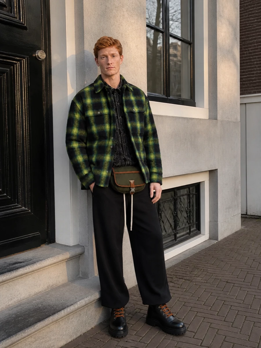 Palm angels plaid shirt jacket prada boots outfit