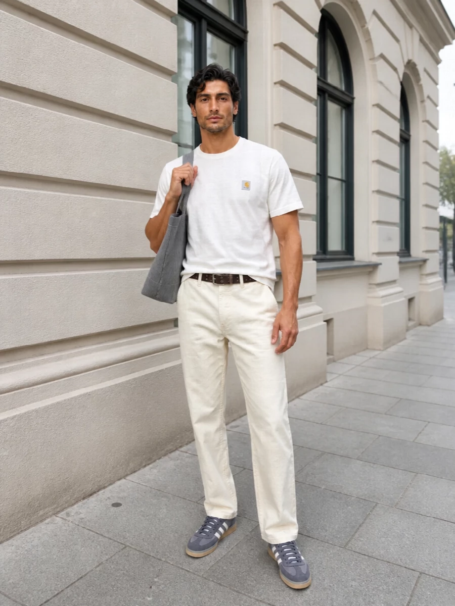 Soft utility in pale tones: the off white tee and buttercream straight leg trouser create a clean, almost monochrome base with a loose, easy line. Slate grey terrace sneakers and the striped tote add just enough contrast and texture, while the grommet belt links the hardware together so the outfit feels considered but relaxed for warm city days.